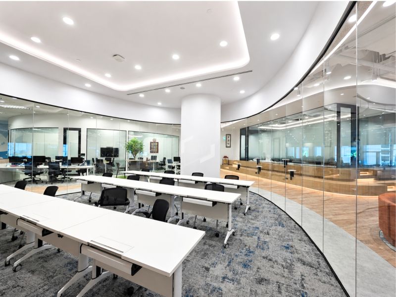 Curved acoustic glass walls for office interior