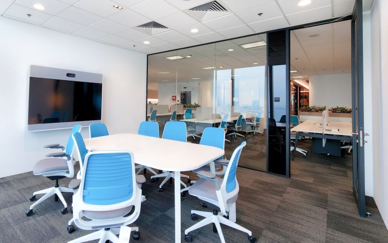 Meeting Rooms with Glass Partitioning System and Tech Panel