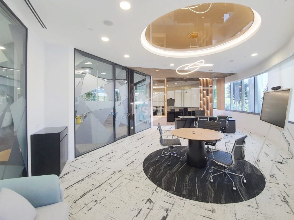 Glass office panels segmenting spaces